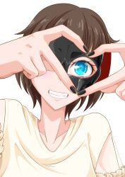 1girl absurdres blue_eyes brown_hair collarbone commentary_request gimp_mask grin highres latex looking_at_viewer mask nail_polish original shirt short_hair smile solo tamakko very_short_hair white_background white_shirt