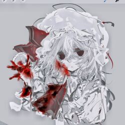 1girl akama_chlorine ascot black_eyes blood blood_on_clothes blood_on_face blood_on_hands doll earrings frilled_hat frills grey_hair hair_between_eyes hair_ribbon hat highres holding holding_doll izayoi_sakuya jewelry mob_cap no_pupils parted_lips red_ascot red_ribbon remilia_scarlet ribbon shirt solo touhou white_hat white_shirt