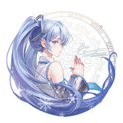 1girl blue_eyes blue_hair blue_nails blue_necktie chinese_commentary commentary_request cropped_torso dated detached_sleeves from_side hatsune_miku highres light_blush long_hair memory_mie nail_polish necktie shirt signature simple_background sleeveless sleeveless_shirt snowflake_print snowflakes solo twintails very_long_hair vocaloid white_background yuki_miku yuki_miku_(2010)