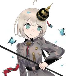 belt black_belt blue_eyes bug butterfly c-93_(girls&#039;_frontline) combat_helmet commission girls&#039;_frontline helmet highres insect kandly medal military_uniform non-web_source pickelhaube