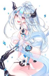 1girl armband ass bare_shoulders blue_hair blush breasts draph female_focus flower granblue_fantasy hair_between_eyes hair_flower hair_ornament hairclip highres hip_focus horns ice izmir izmir_(summer)_(granblue_fantasy) large_breasts long_hair looking_at_viewer mole mole_under_mouth one-piece_swimsuit open_mouth pointy_ears ponytail red_eyes sash simple_background sitting smile snowflake_hair_ornament solanikieru solo swimsuit thigh_strap thighs underboob very_long_hair white_background white_one-piece_swimsuit
