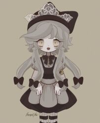 Rule 34 | 1girl, bow, collared suit, cyn (murder drones), double horizontal stripe, dress, frilled vest, frills, glove cuffs, highres, humanoid robot, lace-trimmed headwear, lace trim, lacepillow, long hair, looking at viewer, low-tied sidelocks, maid, mechanical arms, mechanical head, murder drones, open mouth, puffy short sleeves, puffy sleeves, robot, short sleeves, sidelocks, simple background, small pupils, smile, solo, vest, yellow collar, yellow eyes, yellow sleeve cuffs