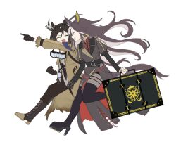 2girls ahoge animal_ears babie black_coat black_gloves black_pants blonde_hair blue_eyes boots brown_hair coat collared_shirt dream_journey_(umamusume) ear_covers eyewear_strap from_side full_body glasses gloves goggles goggles_around_neck gradient_hair hair_between_eyes highres holding holding_suitcase horse_ears horse_girl horse_tail jewelry lace-up_boots leg_up long_hair long_sleeves looking_ahead multicolored_hair multiple_girls pants platform_boots pointing pointing_forward red_shirt ring running shirt simple_background single_glove stay_gold_(umamusume) streaked_hair suitcase tail thigh_boots umamusume white_background white_hair white_shirt yellow_coat