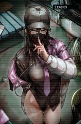 Rule 34 | 1girl, absurdres, baseball cap, black eyes, black hair, black shirt, breasts, collared shirt, commentary request, earphones, exhibitionism, finger to mouth, halo, hat, highres, jacket, jacket partially removed, large breasts, long hair, long sleeves, looking at viewer, mask, mouth mask, necktie, no panties, original, public indecency, shirt, soleil (soleilmtfbwy03), solo, thigh gap, thighhighs, thighs
