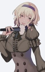 Rule 34 | 1girl, absurdres, blonde hair, blue eyes, blue hairband, breasts, constance von nuvelle, dress, earrings, fire emblem, fire emblem: three houses, folding fan, garreg mach monastery uniform, grey dress, hairband, hand fan, highres, holding, holding fan, jewelry, long sleeves, looking at viewer, nintendo, open mouth, ponzuponta39, short hair, simple background, smile, solo, upper body