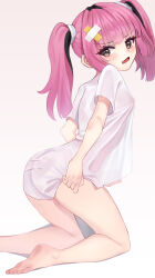 1girl absurdres alternate_costume barefoot blush commentary_request coral_(pokemon) eyelashes fang hair_ornament highres looking_back naked_shirt nintendo open_mouth parm pink_hair pokemon pokemon_(anime) pokemon_horizons see-through_clothes see-through_shirt shirt short_sleeves skin_fang solo toes tongue twintails white_background white_shirt