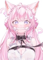 1girl ? absurdres animal_ear_fluff animal_ears antenna_hair arms_behind_back bare_shoulders belt belt_collar black_belt blush braid braided_bun breasts character_name chest_belt cleavage cloth_gag collar collared_shirt commentary crown_braid double_bun frilled_shirt frills gag gagged hair_bun hair_ornament hair_ribbon hakui_koyori hakui_koyori_(1st_costume) hashtag-only_commentary highres hololive improvised_gag irisu-chan_(yumemiruk) large_breasts long_hair looking_at_viewer pink_hair pocket purple_eyes red_ribbon ribbon shirt simple_background sleeveless sleeveless_shirt solo virtual_youtuber white_background white_shirt wolf_ears wolf_girl