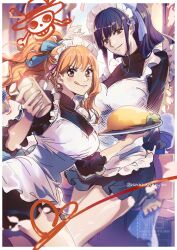 2girls :q apron bare_legs black_dress black_hair blue_ribbon blunt_bangs blush bottle breasts brown_eyes closed_mouth commentary_request dress earrings feet feet_out_of_frame frilled_apron frilled_hairband frilled_sleeves frills hair_ribbon hairband heart high_ponytail highres holding holding_bottle holding_plate jewelry jolly_roger ketchup_bottle large_breasts long_hair looking_at_viewer maid maid_apron maid_headdress multiple_girls nami_(one_piece) necklace nico_robin ninnnnnnnjin official_alternate_costume official_alternate_hairstyle one_piece orange_hair pearl_earrings plate ponytail ribbon sidelocks single_sidelock smile straw_hats_jolly_roger tongue tongue_out turtleneck turtleneck_dress twitter_username wavy_hair white_apron white_hairband
