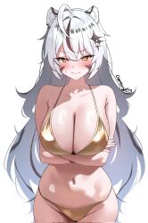 1girl 3: ahoge animal_ears arms_under_breasts bare_shoulders bikini blush breasts cleavage closed_mouth commentary_request commission corrupted_twitter_file cowboy_shot crossed_arms embarrassed facial_mark gamtoryy gold_bikini highres korean_commentary large_breasts long_hair looking_at_viewer mixed-language_commentary multicolored_hair navel original simple_background solo stomach streaked_hair string_bikini sweat swimsuit v-s very_long_hair white_background white_hair yellow_eyes