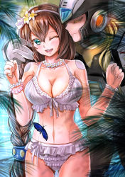 1boy 1girl android aqua_eyes bikini blonde_hair blue_butterfly blue_eyes blush bracelet braid breasts brown_hair bug butterfly cleavage closed_mouth commentary_request couple closed_eyes flower flower_bracelet frilled_bikini frills front-tie_bikini_top front-tie_top hair_between_eyes hair_flower hair_ornament hairband helmet highres bug iris_(mega_man) jewelry kiwakiwa large_breasts long_hair mega_man_(series) mega_man_x_(series) one_eye_closed open_mouth palm_leaf smile standing summer swimsuit white_bikini yellow_flower zero_(mega_man)