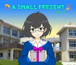 1girl box english_text gift gift_box glasses green_eyes non-web_source original school_uniform solo