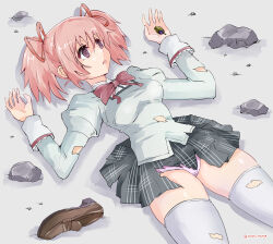 1girl black_skirt bow bowtie breasts brown_shoes empty_eyes hair_ribbon highres juliet_sleeves kaname_madoka loafers long_sleeves lying mahou_shoujo_madoka_magica mahou_shoujo_madoka_magica_(anime) medium_breasts mitakihara_school_uniform on_back panties pantyshot pink_eyes pink_hair pink_panties plaid_clothes plaid_skirt pleated_skirt puffy_sleeves rasen_manga red_ribbon ribbon rubble ryona school_uniform shirt shoes short_hair short_twintails skirt solo soul_gem striped_clothes striped_panties thighhighs thighs torn_clothes torn_shirt torn_skirt torn_thighhighs twintails twitter_username underwear unworn_shoes white_thighhighs