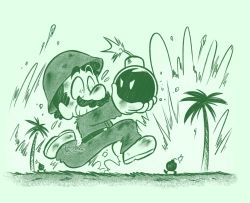 1boy army_uniform bob-omb clenched_teeth explosion facial_hair flying_sweatdrops full_body game_&amp;_watch hat highres mario mario&#039;s_bombs_away mario_(series) military military_uniform mustache nervous nintendo outdoors palm_tree running soldier super_mario_bros._2 teeth tree