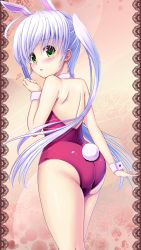 1girl animal_ears ass detached_collar fake_animal_ears female_focus fishnet_pantyhose fishnets fortune_arterial green_eyes highres koromia leotard long_hair pantyhose playboy_bunny rabbit_ears rabbit_tail solo tail tougi_shiro twintails white_hair wrist_cuffs