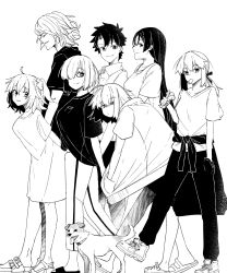 2boys 5girls ahoge alternate_costume animal arms_behind_back artoria_pendragon_(fate) clothes_around_waist contemporary crocs dog eating edmond_dantes_(fate) fate/grand_order fate_(series) fujimaru_ritsuka_(female) fujimaru_ritsuka_(male) greyscale hair_ornament hair_over_one_eye hair_scrunchie hands_in_pockets highres hood hoodie jack_russell_terrier jacket jeanne_d&#039;arc_alter_(fate) long_hair looking_at_viewer mash_kyrielight minamoto_no_raikou_(fate) monochrome multiple_boys multiple_girls nonoitou110 pants ponytail saber_alter scrunchie shirt shoes short_hair shorts side_ponytail sidelocks wavy_hair