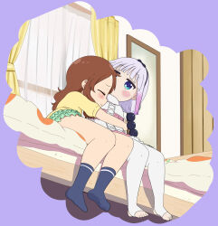 Rule 34 | 2girls, absurdres, alechon, blue eyes, blush, brown hair, closed eyes, hair bobbles, hair ornament, highres, hug, indoors, kanna kamui, kobayashi-san chi no maidragon, multiple girls, purple hair, saikawa riko, thighhighs, white thighhighs, yuri