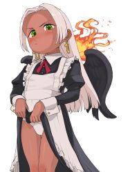 1girl alternate_costume apron black_dress black_wings closed_mouth clothes_lift cowboy_shot dress dress_lift earrings enmaided fire green_eyes highres jewelry legs_together loli long_hair looking_at_viewer maid maid_apron one_piece panties pout s-snake seraphim_(one_piece) simple_background snake_earrings solo star-shaped_pupils star_(symbol) sweatdrop symbol-shaped_pupils takane_(lovehatsune) tareme underwear white_apron white_background white_hair white_panties wings