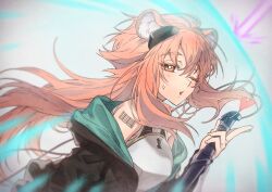 1girl animal_ear_fluff animal_ears arknights barcode barcode_tattoo bare_shoulders blowing_kiss blush breasts brown_eyes gravel_(arknights) hair_between_eyes heart highres holding holding_weapon jacket long_hair long_sleeves looking_at_viewer nagiko_(mangalove1111) one_eye_closed parted_lips pink_hair smile solo tattoo weapon