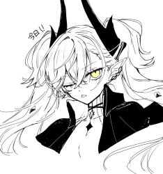 Rule 34 | 1girl, breasts, ear piercing, fate/grand order, fate (series), horns, long hair, looking at viewer, mo (aabx315), monochrome, one eye closed, ordeal call servant (female), piercing, pointy ears, solo, spot color, tongue, tongue out, twintails, upper body, yellow eyes
