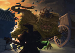 Rule 34 | 1boy, 1girl, absurdres, arrow (projectile), asymmetrical wings, black dress, blue wings, bow (weapon), brown hair, cart, commentary request, dress, explosion, full body, hat, highres, holding, holding bow (weapon), holding polearm, holding weapon, houjuu nue, looking at another, monster, nue, open mouth, polearm, red wings, ritsuzou, short hair, smile, tate eboshi, tile roof, touhou, traditional youkai, trident, weapon, wings