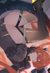 Rule 34 | 1girl, absurdres, black hoodie, black horns, black thighhighs, dragon girl, dragon horns, hair between eyes, highres, hood, hoodie, horns, long hair, looking at viewer, orange hair, orange pupils, orpheus (zenless zone zero), parted lips, thighhighs, tumugi sunohara, zenless zone zero, zipping