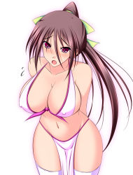 10s 1girl bikini breasts brown_hair covered_erect_nipples female_focus futami_masaki groin hair_ornament hair_ribbon highres hip_focus huge_breasts infinite_stratos loincloth long_hair navel open_mouth original ponytail purple_eyes ribbon shinonono_houki simple_background solo standing swimsuit thighhighs white_background white_bikini white_thighhighs wide_hips
