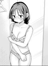 1girl blush bra breasts cleavage closed_mouth collarbone glasses greyscale hair_ornament hairclip large_breasts looking_at_viewer miyama_(kannsannn) monochrome original panties solo standing sweat underwear underwear_only