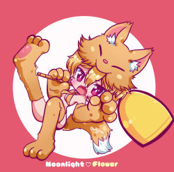 Rule 34 | 1girl, animal feet, animal hands, bell, blonde hair, blush, bottomless, bra, breasts, character name, chibi, chibi only, commentary, criss-cross halter, dollymochi, english commentary, fangs, fox girl, fox hat, fox tail, full body, hair between eyes, halterneck, highres, holding, holding staff, looking at viewer, medium breasts, moonlight flower, open mouth, pawpads, ragnarok online, red eyes, short hair, solo, staff, tail, underboob, underwear, yellow bra