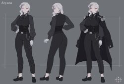 1girl absurdres arm_at_side bags_under_eyes belt belt_buckle belt_chain black_belt black_coat black_corset black_necktie black_pants black_shirt black_sleeve_cuffs black_vest breasts buckle buttons character_name coat coat_on_shoulders collared_coat collared_shirt commentary corset dress_shoes earrings english_commentary epaulettes floral_print fringe_trim from_behind from_side full_body gloves grey_background half-closed_eyes hand_on_own_hip highres invisible_floor jewelry large_breasts leather_belt light_smile long_eyelashes long_sleeves looking_ahead looking_at_viewer medium_hair military_rank_insignia military_uniform multiple_views necktie open_clothes open_coat original pants parted_bangs parted_hair puffy_long_sleeves puffy_sleeves red_eyes reference_sheet shirt shirt_tucked_in single_earring smile soldier thick_eyelashes thick_thighs thighs tight_clothes tight_pants turnaround underbust vertigris vest waistcoat white_gloves white_hair