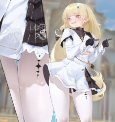 1girl absurdres black_collar black_gloves blonde_hair blue_gemstone blurry blurry_background blush collar commentary english_commentary gem gloves hair_ornament highres long_hair no_headwear open_mouth outdoors pantyhose phoebe_(wuthering_waves) pointing pointing_forward purple_eyes shirt skirt solo tacet_mark_(wuthering_waves) tearing_up very_long_hair white_pantyhose white_shirt white_skirt wuthering_waves x_hair_ornament xaea_xp