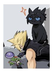&gt;:) 1boy :3 animalization aries20770321 black_cat black_gloves black_vest blonde_hair blue_sclera cat chinese_commentary cleaning cloud_strife colored_sclera commentary_request day evil_smile final_fantasy final_fantasy_vii final_fantasy_vii_advent_children final_fantasy_xv gloves grey_background highres indoors leaning_forward male_focus noctis_lucis_caelum photo-referenced plate short_hair signature sitting sitting_on_person smile spiked_hair spill toned toned_male upper_body v-shaped_eyebrows vest