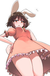 Rule 34 | 1girl, animal ears, blush, breasts, brown hair, carrot necklace, curious, dress, expressionless, frilled dress, frills, from below, hair between eyes, hand on own hip, highres, hip focus, inaba tewi, ippongui, jewelry, looking at viewer, looking down, medium breasts, medium hair, necklace, orange eyes, panties, pink dress, rabbit ears, rabbit girl, rabbit tail, small breasts, solo, tail, thighs, touhou, underwear, upskirt, white panties