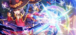 2girls artist_request black_gloves blue_eyes blue_hair brown_hair collarbone copyright_notice cosplay dress fingerless_gloves gloves hat highres holding holding_staff kono_subarashii_sekai_ni_shukufuku_wo! long_braid long_hair magic megumin megumin_(cosplay) multiple_girls mushoku_tensei mushoku_tensei:_game_ni_nattemo_honki_dasu official_art open_mouth red_dress red_eyes roxy_migurdia second-party_source staff teeth upper_teeth_only witch_hat