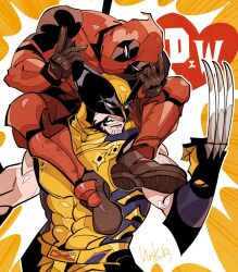 2boys angry beard bodysuit claws deadpool deadpool_&amp;_wolverine deadpool_(series) facial_hair gloves highres male_focus marvel mask multiple_boys muscular muscular_male short_hair superhero_costume teeth weapon wolverine_(x-men) x-men yomotsu_(onet3939)