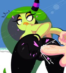 1boy 1girl anal breasts colored_skin cum cum_in_ass dream-cassette green_hair green_skin highres pussy sex sonic_(series) thick_thighs thighs wide_hips zeena