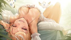 1girl absurdres armpits blonde_hair breasts chest_bow cleavage commentary commission cup curtained_hair dark-skinned_female dark_elf dark_skin detached_sleeves dress elf elfriend_(shiranui_flare) frilled_dress frills highres hololive knees_up large_breasts legs_together looking_at_viewer lying multicolored_hair official_alternate_costume on_back on_bed open_mouth orange_eyes pillow plant pointy_ears puffy_detached_sleeves puffy_sleeves shiranui_flare shiranui_flare_(loungewear) short_dress sleeveless sleeveless_dress smile solo somebody_(leiking00) spaghetti_strap streaked_hair tan teacup teapot thighs virtual_youtuber white_dress white_hair