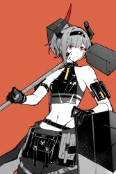 1girl arknights bare_shoulders chinese_commentary closed_mouth commentary_request cowboy_shot crop_top gloves hairband hammer highres holding holding_hammer holding_weapon horns infection_monitor_(arknights) looking_to_the_side material_growth midriff navel official_alternate_costume orange_background oripathy_lesion_(arknights) partial_commentary partially_colored piaoliu_ping_ping_ping_pingzi red_eyes shield short_hair simple_background sledgehammer solo standing vulcan_(arknights) vulcan_(ignis)_(arknights) weapon