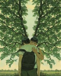 Rule 34 | 2boys, artist logo, backpack, bag, black bag, black hair, closed eyes, commentary, day, english commentary, foliage, from behind, grass, highres, horizon, hug, leaf, logo, male focus, multiple boys, nature, nekokonut22, original, outdoors, pants, plant, shirt, short hair, short sleeves, sky, standing, t-shirt, tree, warm colored, white shirt