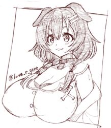 Rule 34 | 1girl, :3, animal collar, animal ears, bone hair ornament, bone ornament, border, bow, bra, bra peek, breasts, cleavage, collar, commentary, dog ears, double-parted bangs, hair between eyes, hair ornament, hololive, huge breasts, inugami korone, kin-san (sasuraiga), lineart, low-tied sidelocks, medium hair, shirt, short sleeves, sketch, symbol-only commentary, twitter username, underwear, upper body, virtual youtuber