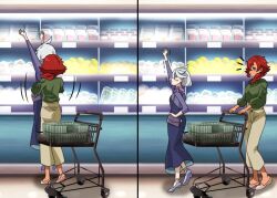 2girls bag blue_eyes carrying carrying_person closed_mouth commentary_request dark-skinned_female dark_skin dress green_shirt gundam gundam_suisei_no_majo handbag high_heels long_hair long_sleeves looking_at_another miorine_rembran multiple_girls pants pink_shoes ponytail purple_dress purple_shoes red_hair shirt shoes shopping_cart short_hair suletta_mercury supermarket takanabeasami white_hair yellow_pants