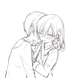 2girls blonde_hair blush glasses hair_ornament hair_over_one_eye hair_over_shoulder hairclip heaven_burns_red imminent_bite kayamori_ruka kurage_(kurage19) lineart long_hair long_sleeves low-tied_long_hair monochrome multiple_girls one_eye_covered red_eyes round_eyewear shirt short_hair white_shirt yuri