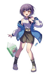 1girl absurdres bandaid bang_dream! bang_dream!_it&#039;s_mygo!!!!! blue_jacket blush breasts brown_eyes collared_shirt commentary_request dress_shirt earrings full_body grey_hair grey_skirt grey_socks hair_ornament hairclip highres holding holding_microphone jacket jewelry kaidouzy long_hair medium_breasts microphone notebook open_clothes open_jacket open_mouth shirt shoes short_hair simple_background single_earring skirt socks solo sparkle takamatsu_tomori teeth upper_teeth_only white_background white_shirt white_shoes