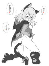 1girl anal_beads anal_tail animal_costume animal_ears blush breasts butt_plug cape cat_costume cat_girl cat_tail elize_lutus fake_animal_ears fake_tail fingerless_gloves floating_hair gloves hood hooded_cape kiikii_(kitsukedokoro) kneeling medium_hair naked_cape nipples open_mouth paw_shoes pussy_juice small_breasts solo speech_bubble steam tail tales_of_(series) tales_of_xillia translation_request