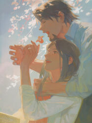 Rule 34 | 1boy, 1girl, absurdres, branch, brown hair, closed eyes, couple, creamyghost, eating, facial hair, food, food art, goatee, hetero, highres, hug, hug from behind, husband and wife, jewelry, kaburagi t. kotetsu, kaburagi tomoe, long sleeves, open mouth, ring, shirt, short hair, tako-san wiener, teeth, tiger &amp; bunny, upper body, upper teeth only, wedding ring, white shirt
