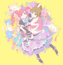 bird book brown_eyes brown_hair collar dagger dove feather_hair_ornament flower frilled_collar frilled_skirt frilled_sleeves frills gloves green_eyes hair_ornament hair_ribbon holding_another&#039;s_wrist hosokawa_gracia knife kunoichi_(sengoku_musou) long_sleeves lying ninja ponytail red_hair ribbon scroll sengoku_musou shawl side_ponytail sitting sitting_on_person skirt smile straddling thigh_strap thighhighs twintails weapon