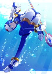 1girl air_bubble android armor ass blue_eyes blue_helmet bubble crop_top fairy_leviathan_(mega_man) forehead_jewel helmet highres holding holding_polearm holding_weapon mega_man_(series) mega_man_zero_(series) outside_border polearm rikka_(user_hruv2435) robot_girl smile solo thighhighs underwater water watermark weapon
