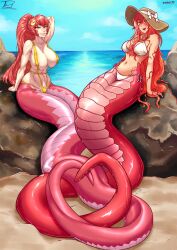 Rule 34 | 2girls, absurdres, areola slip, artist collaboration, beach, bikini, boulder, bow, breasts, brown hat, cleavage, commentary, covered erect nipples, day, dual persona, english commentary, fangs, hair ornament, hairclip, hat, hat bow, hhhori, highres, horizon, lamia, large breasts, long hair, looking at viewer, miia (monster musume), monster girl, monster musume no iru nichijou, multiple girls, ocean, open mouth, outdoors, plasmid, pointy ears, red hair, rock, scales, sitting, slingshot swimsuit, sun hat, swimsuit, water, white bikini, yellow eyes, yellow slingshot swimsuit
