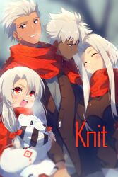 2boys 2girls archer_(fate) bear black_jacket breasts closed_eyes cub dark-skinned_female dark_skin dress_of_heaven echo_(circa) emiya_kiritsugu emiya_kiritsugu_(assassin) fate/grand_order fate_(series) grin irisviel_von_einzbern irisviel_von_einzbern_(caster) jacket large_breasts long_hair long_sleeves multiple_boys multiple_girls open_mouth parted_bangs polar_bear red_eyes red_scarf scarf short_hair sidelocks sitonai_(fate) small_breasts smile white_hair white_jacket
