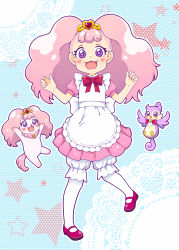 1girl :d apron aroma_(go!_princess_precure) bird bloomers blue_background bow creature_and_personification dog dual_persona frills full_body go!_princess_precure gunuko heart heart-shaped_pupils highres long_hair mary_janes open_mouth pantyhose personification pink_hair pink_skirt precure puff_(go!_princess_precure) puff_(go!_princess_precure)_(human) purple_eyes red_bow red_footwear shoes skirt smile star_(symbol) star_symbol_background symbol-shaped_pupils underwear white_bloomers white_pantyhose