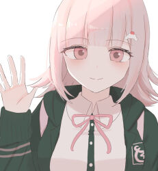 Rule 34 | 1girl, backpack, bag, black shirt, blunt bangs, collared shirt, danganronpa (series), danganronpa 2: goodbye despair, ema (user tgvf3437), jacket, long sleeves, medium hair, nanami chiaki, neck ribbon, open clothes, open jacket, pink eyes, pink hair, pink ribbon, ribbon, shirt, smile, solo, spaceship hair ornament, two-tone shirt